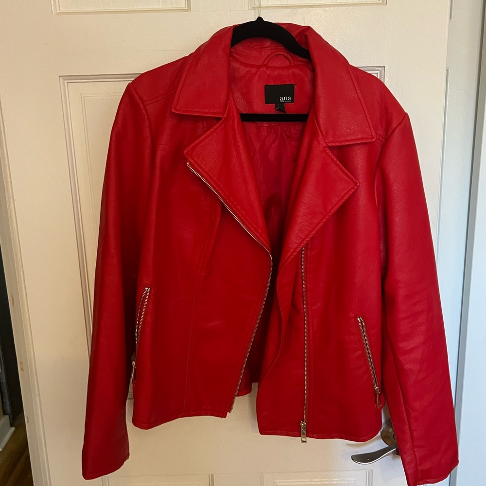 Red faux leather moto jacket